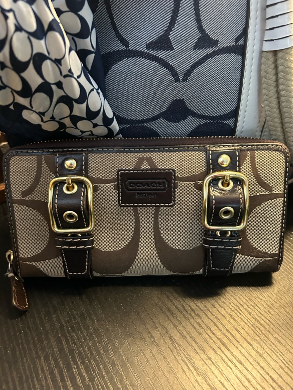 Coach Signature Zoe Double Buckle Canvas & Leather Wallet